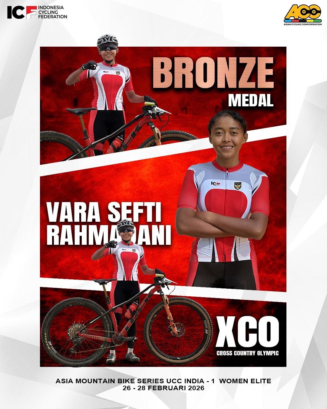 Vara Sefti Rahmadani kembali mencatatkan prestasi membanggakan bagi Indonesia setelah meraih medali perunggu pada ajang Asia Mountain Bike Series UCC India–1 di kelas Women Elite yang berlangsung 26–28 Februari 2026.